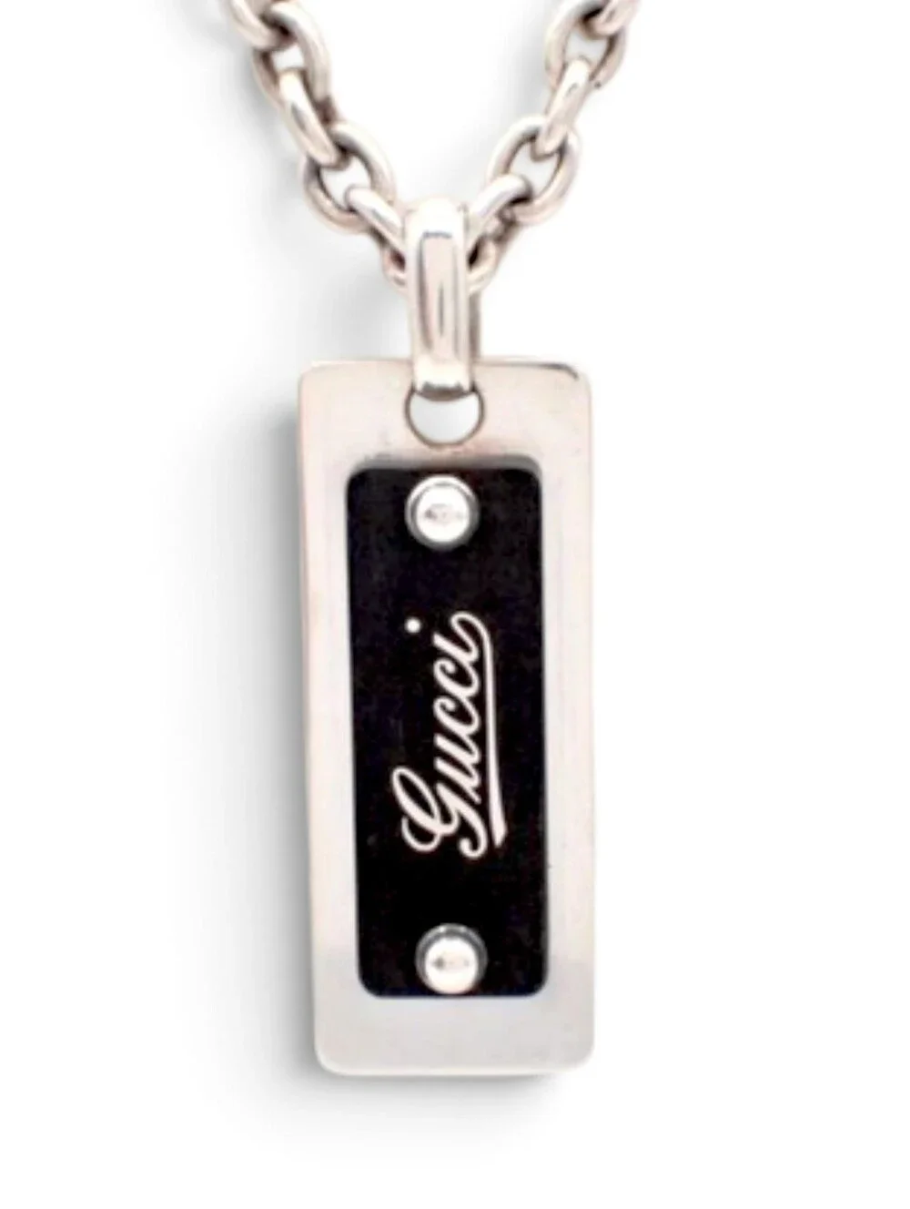 Gucci Unisex 925 Silver Black Logo Rectangular Pendant Necklace Sterling